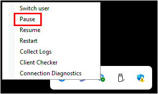 Capture d'écran du menu Options du client Global Secure Access montrant l'option Pause mise en évidence.