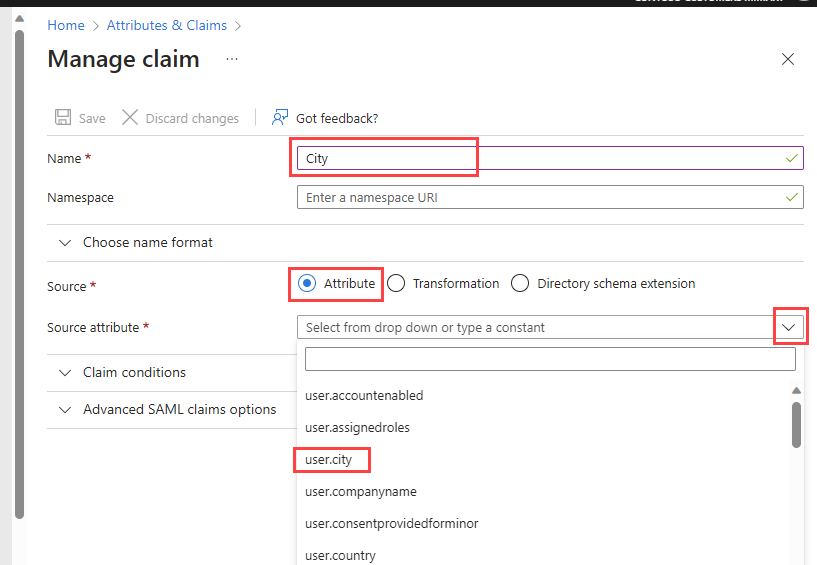 Capture d’écran de la liste déroulante des attributs intégrés.