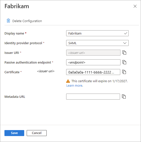 Capture d'écran des informations de la configuration IDP.