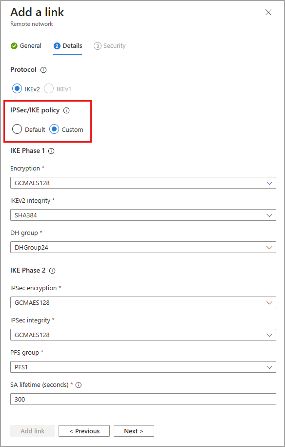 Capture d’écran des détails personnalisés du lien d’appareil.