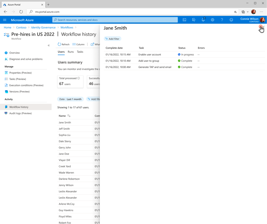 Capture d’écran de l’état de l’historique des tâches du workflow.