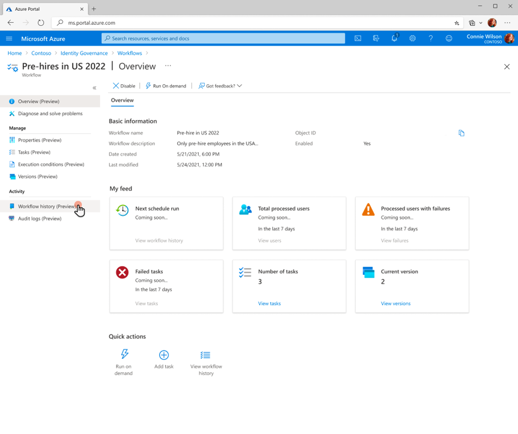 Capture d’écran de l’historique du workflow dans la vue d’ensemble.