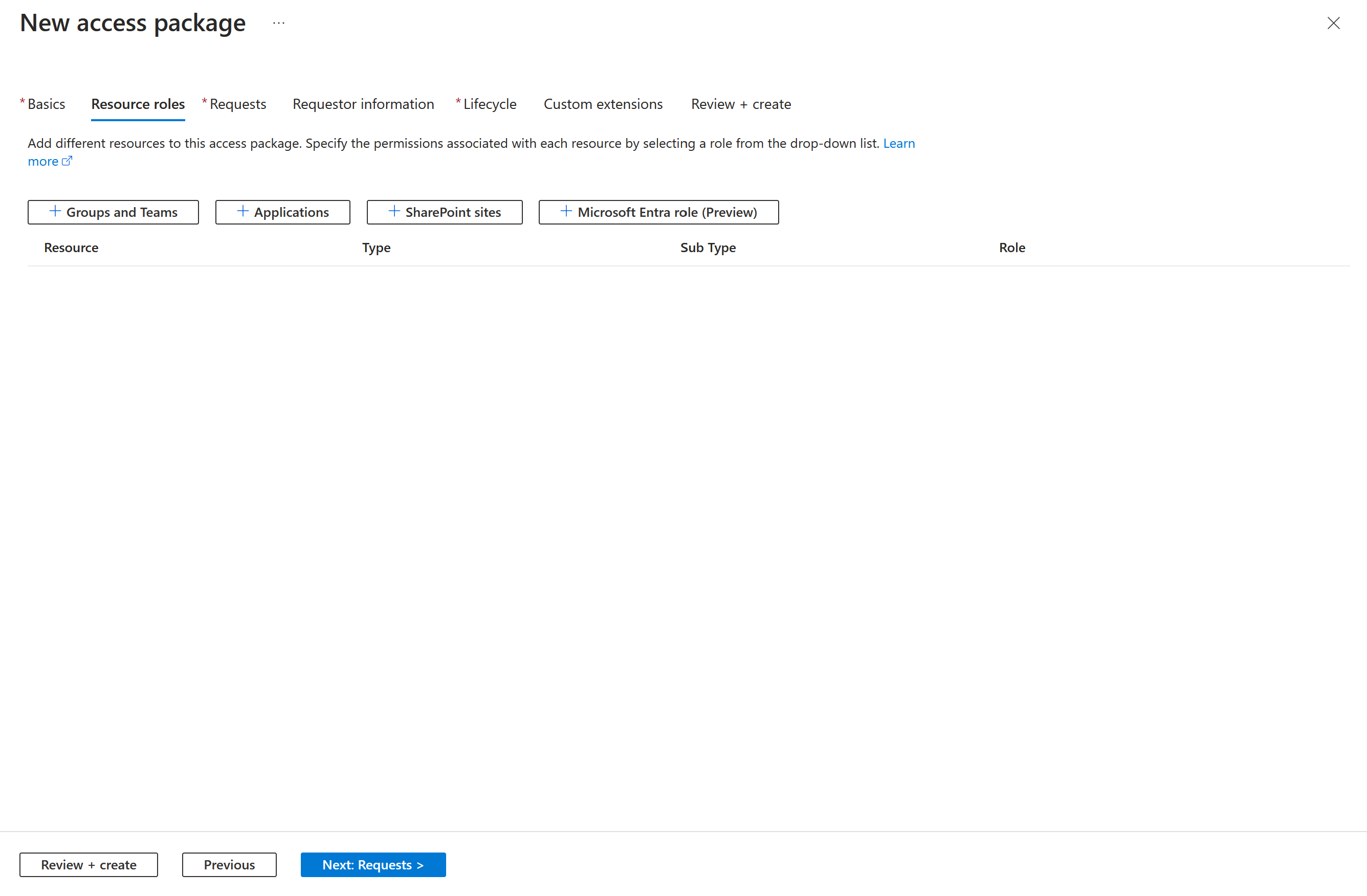 Package d'accès - Ajouter des rôles de ressources