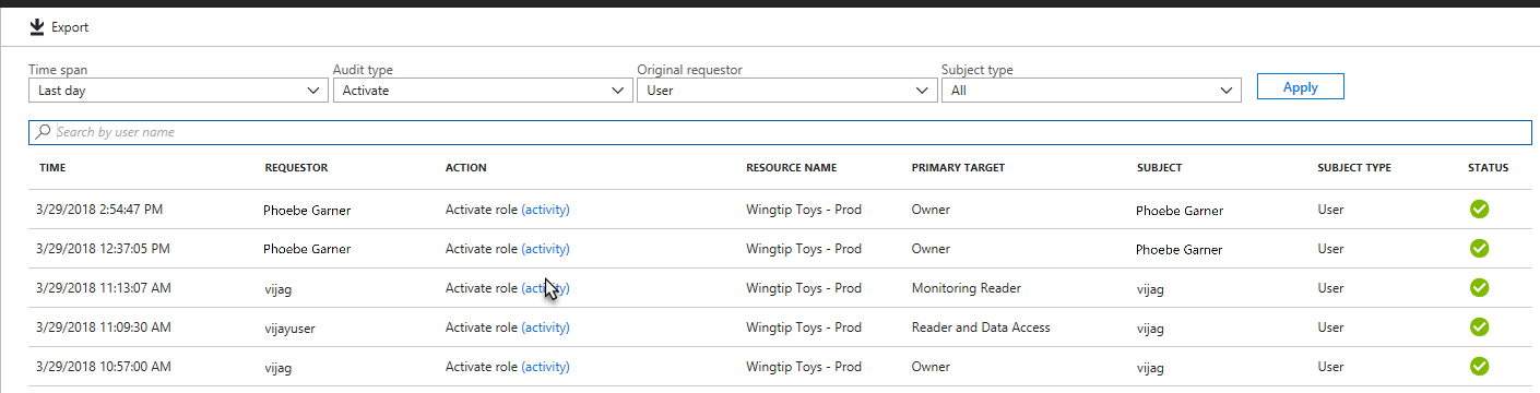 Capture d’écran illustrant une liste d’audits de ressources filtrée par type d’audit Activé.