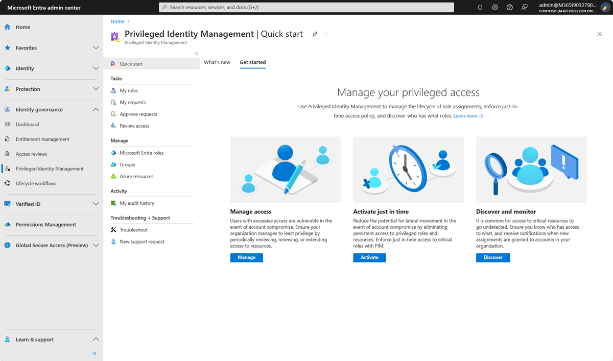 Capture d’écran de Privileged Identity Management dans le portail Azure.