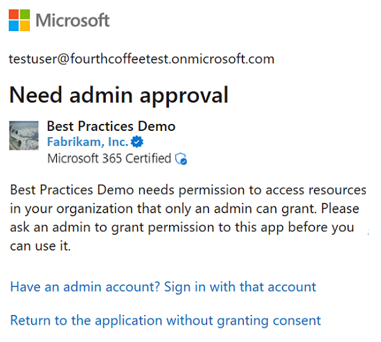 Capture d'écran de l'invite de consentement demandant à l'utilisateur de contacter un administrateur pour accéder à l'application.