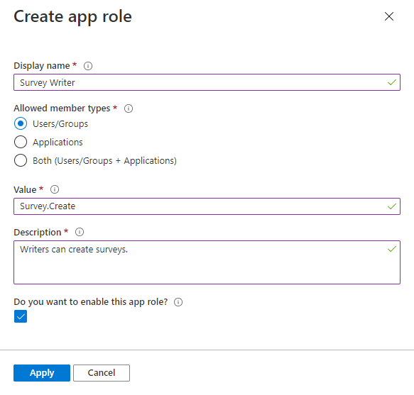 Volet contextuel de création de rôles d’application d’une inscription d’application dans le portail Azure