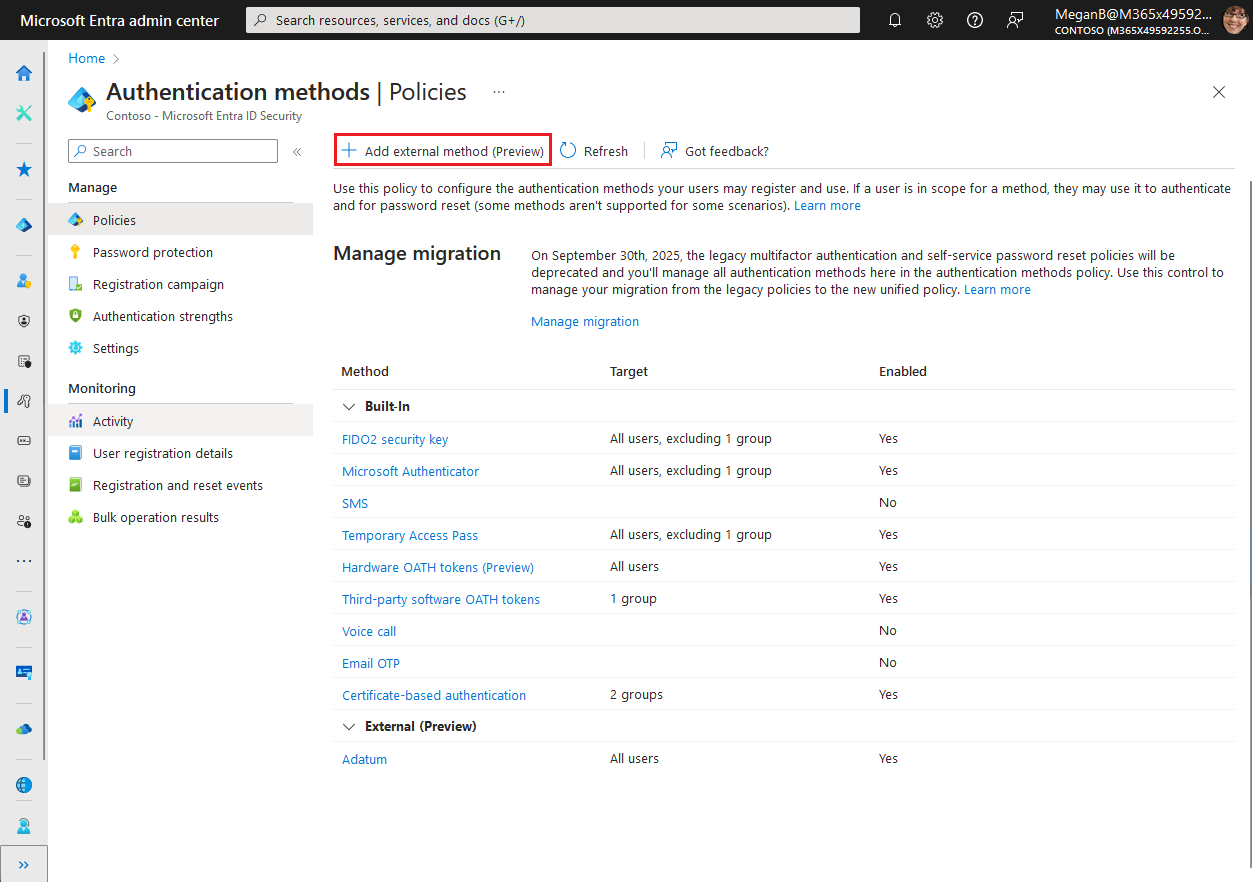 Capture d’écran montrant comment ajouter une méthode d’authentification externe dans le centre d’administration Microsoft Entra.