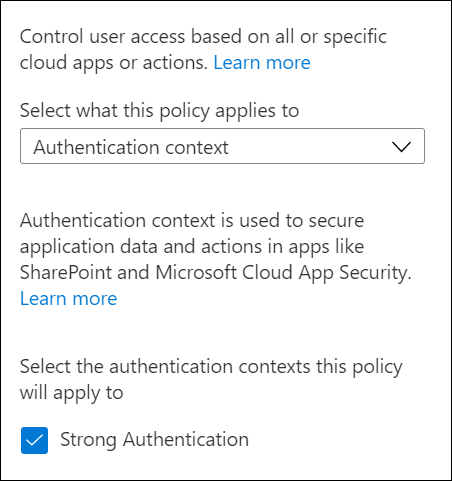 Capture d’écran montrant l’ajout d’un contexte d’authentification de l’accès conditionnel à une stratégie