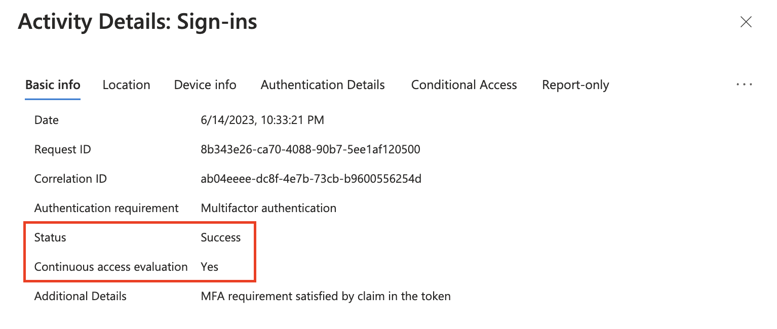 Capture d'écran montrant une connexion réussie avec un jeton CAE.