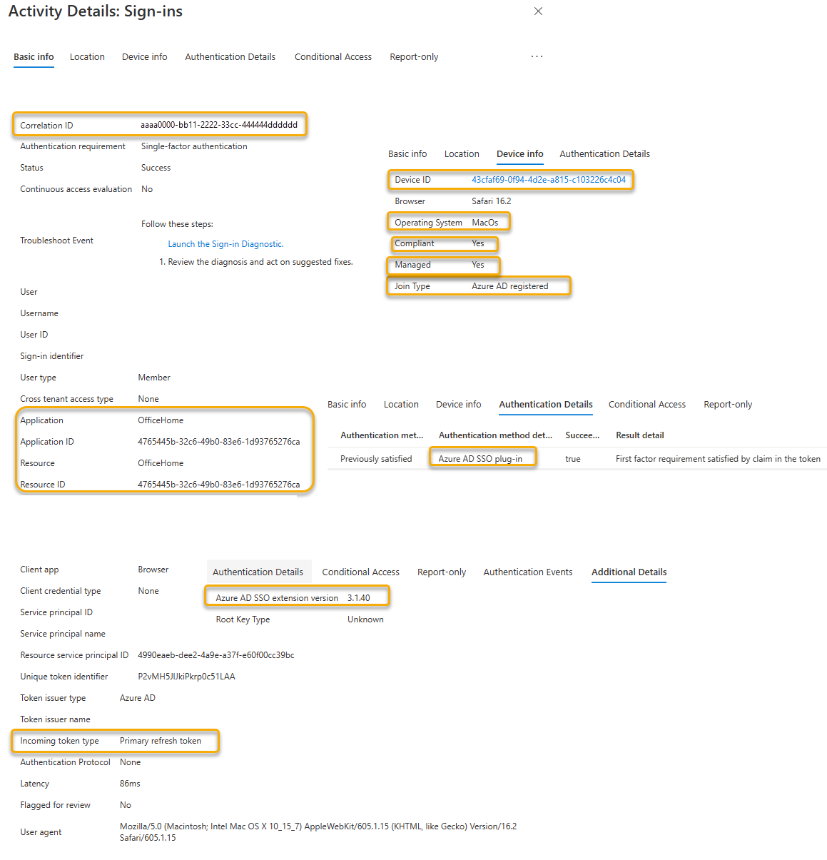 Capture d’écran montrant une référence croisée dans les journaux de connexion Microsoft Entra pour l’extension SSO du navigateur.