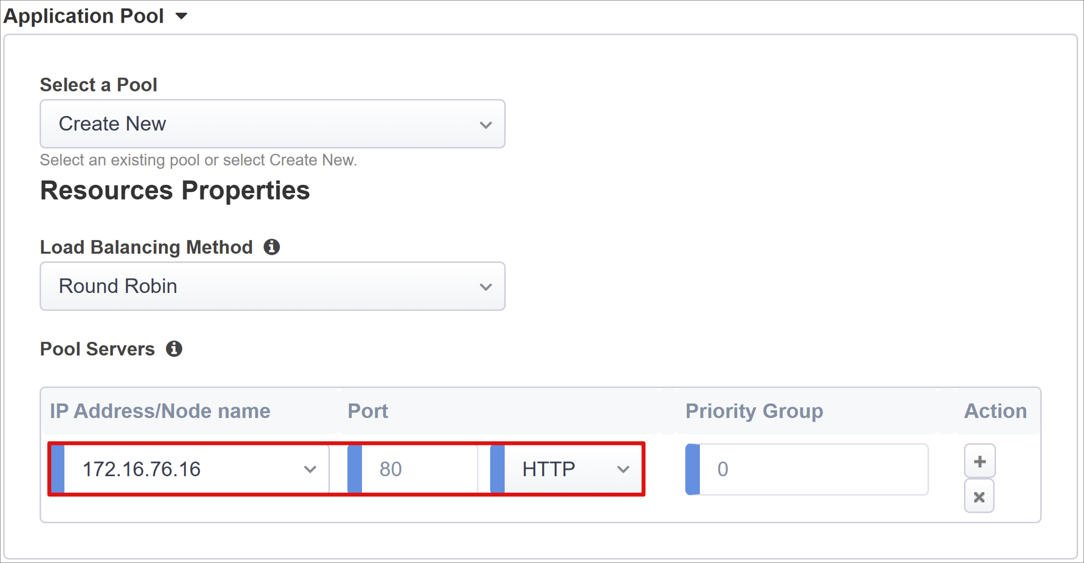 Capture d’écran des options et des sélections pour le pool d’applications.