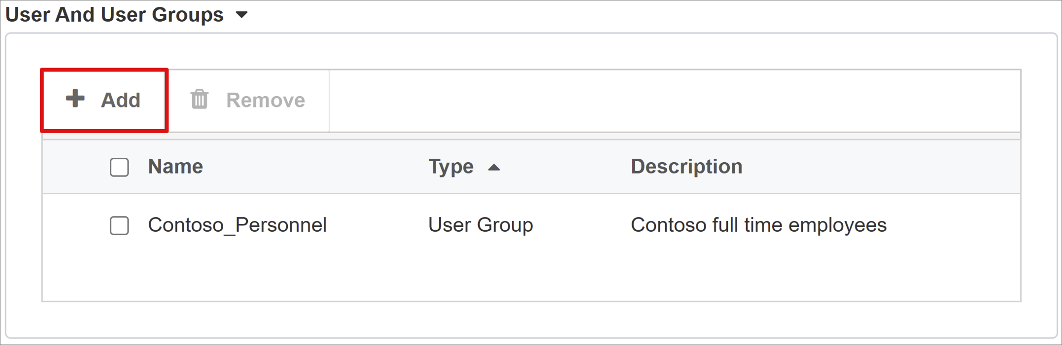 Capture d’écran de l’option Ajouter dans la section Utilisateurs et groupe d’utilisateurs.