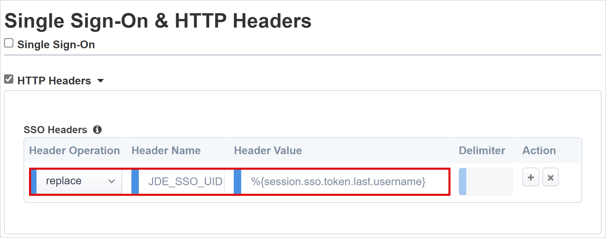 Capture d’écran des entrées de valeur Opération d’en-tête, Nom d’en-tête et En-tête sous Authentification unique et en-têtes HTTP.