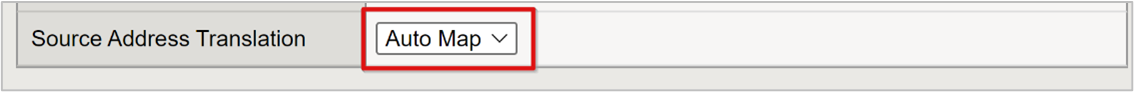Capture d’écran de la sélection Auto Map pour Source Address Translation.