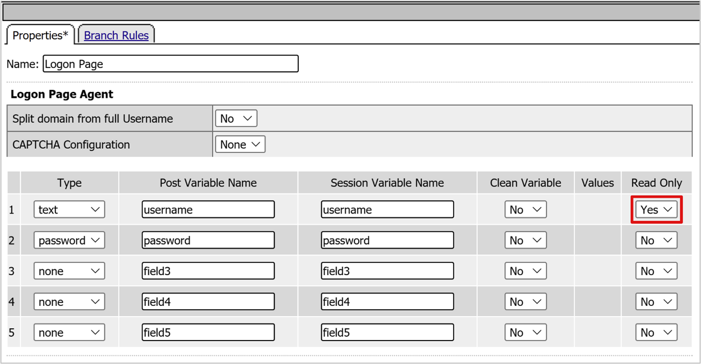 Capture d’écran de l’option Yes sur la ligne username sous l’onglet Properties.