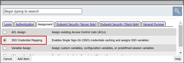 Capture d’écran de l’option SSO Credential Mapping sous l’onglet Assignment.