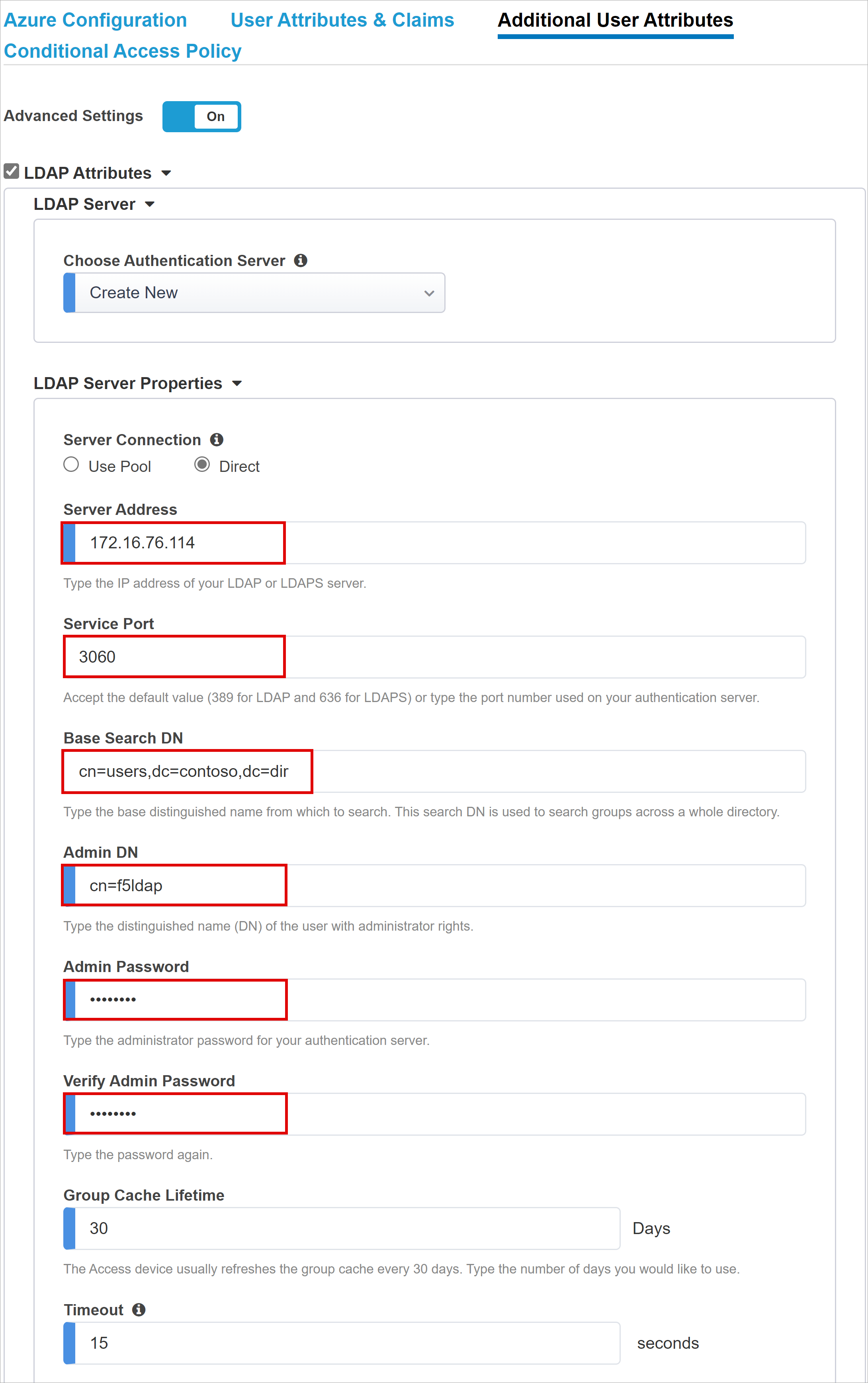 Capture d’écran des options et des entrées pour l’onglet Additional User Attributes.