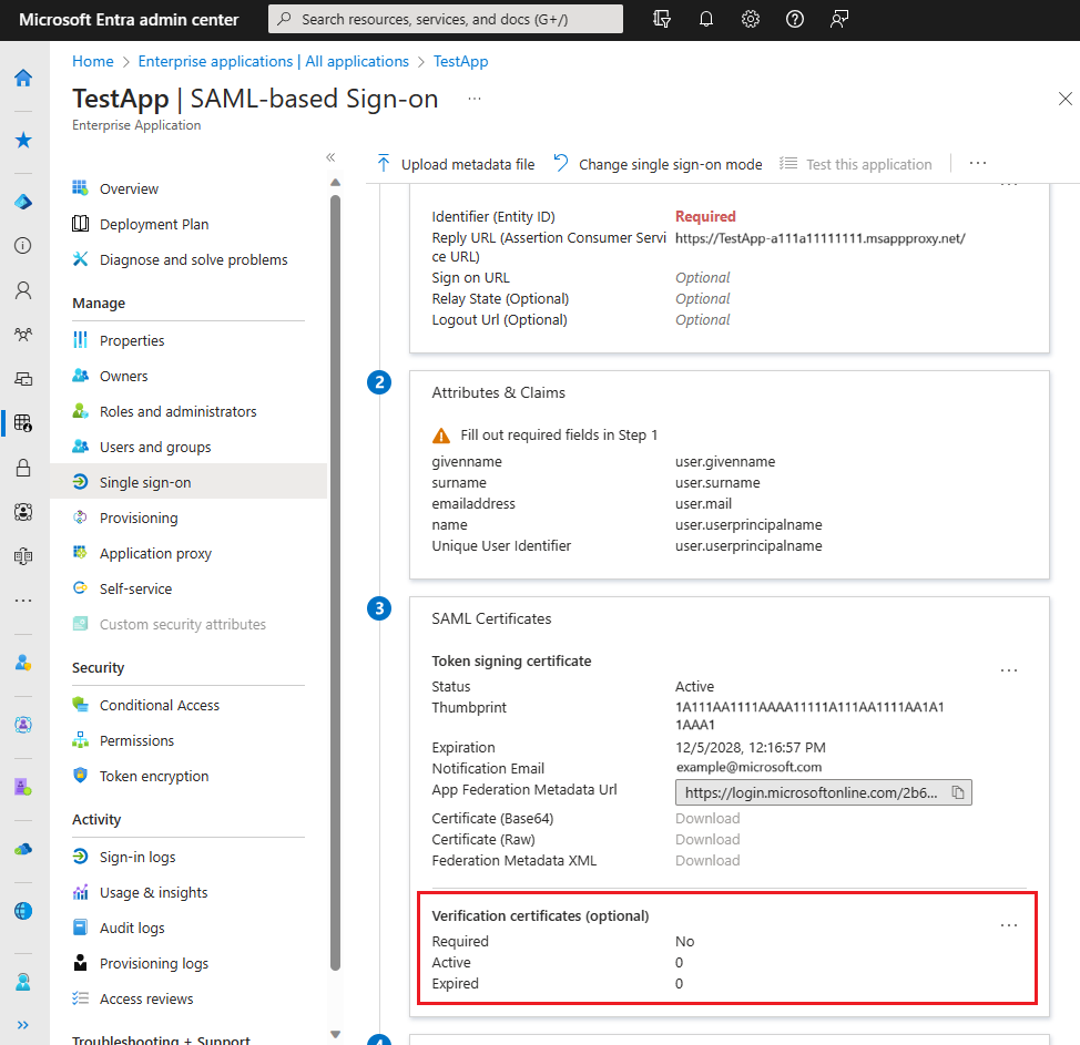 Capture d’écran des certificats de vérification sous Certificats SAML sur la page Application d’entreprise.