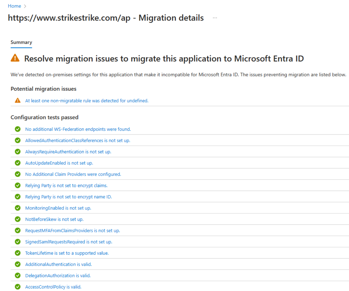 Capture d’écran du volet Détails de la migration d’application AD FS.