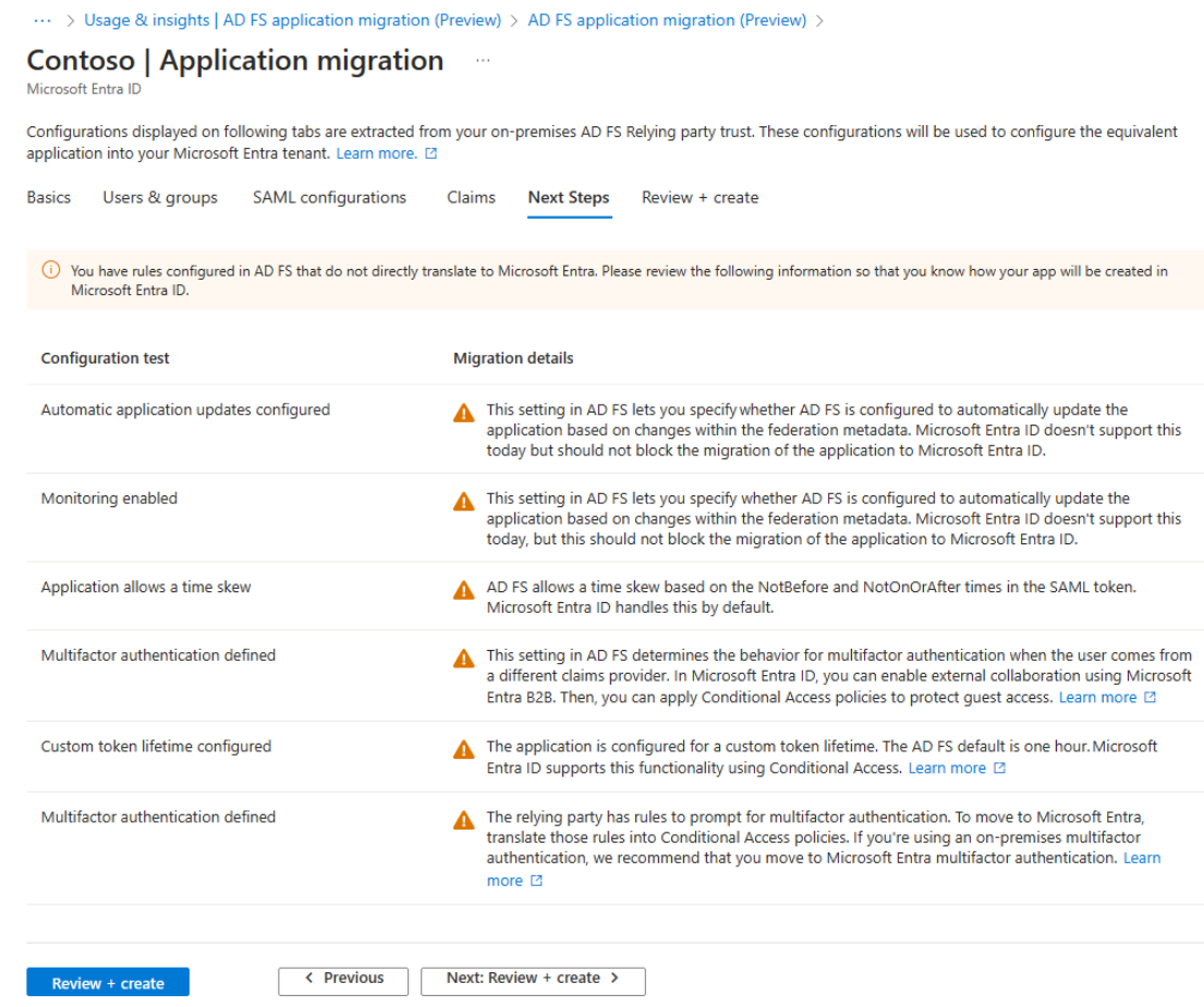 Capture d’écran de l’onglet des étapes suivantes de la migration d’application AD FS.