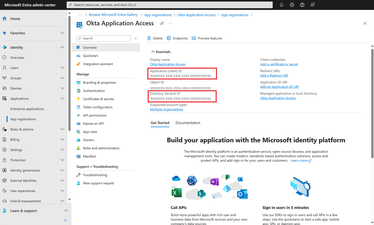 Capture d’écran de la page Okta Application Access dans le Centre d’administration Microsoft Entra. L’ID de locataire et l’ID d’application s’affichent.