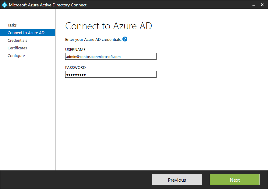 Capture d’écran montrant la page « Se connecter à Microsoft Entra ID » avec des exemples d’informations d’identification entrées.