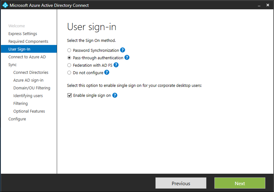 Capture d’écran montrant la page Connexion utilisateur dans Microsoft Entra Connect, avec l’option Activer l’authentification unique sélectionnée.