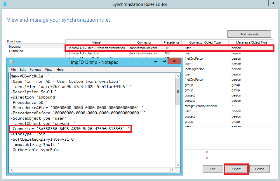 Capture d’écran montrant la fenêtre d’exportation de l’éditeur de règles de synchronisation.