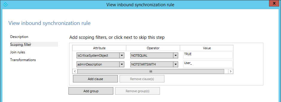 Capture d’écran d’un filtre d’étendue dans une recherche de règles de synchronisation entrante