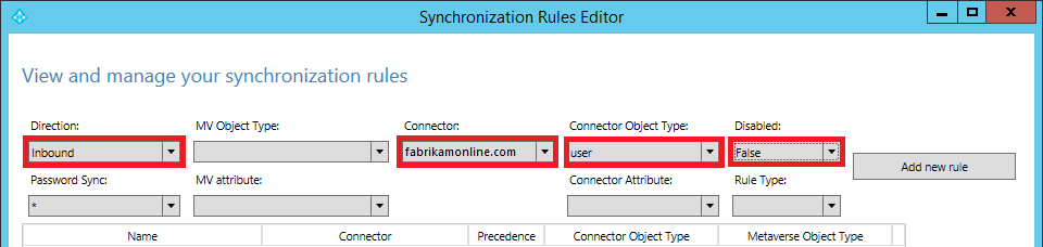 Capture d’écran de l’éditeur de règles de synchronisation, montrant une recherche de règles de synchronisation entrante