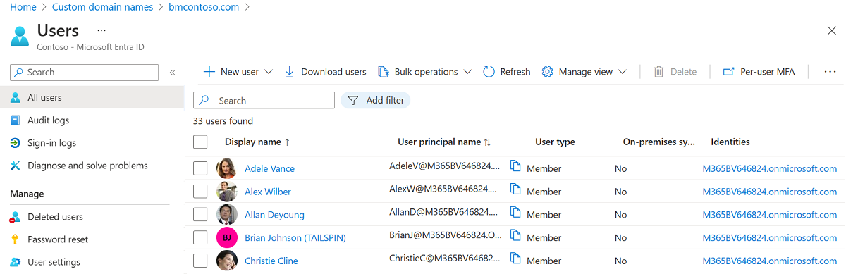 Capture d’écran montrant la vérification de la synchronisation des utilisateurs dans Microsoft Entra ID.