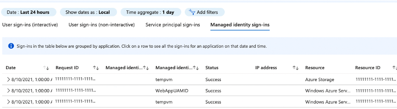 Capture d’écran montrant les événements de connexion d’identité managée