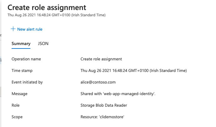 Capture d’écran montrant le résumé de l’attribution de rôle pour l’identité managée