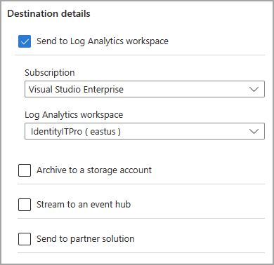 Capture d’écran des options de destination dans les paramètres de diagnostic.