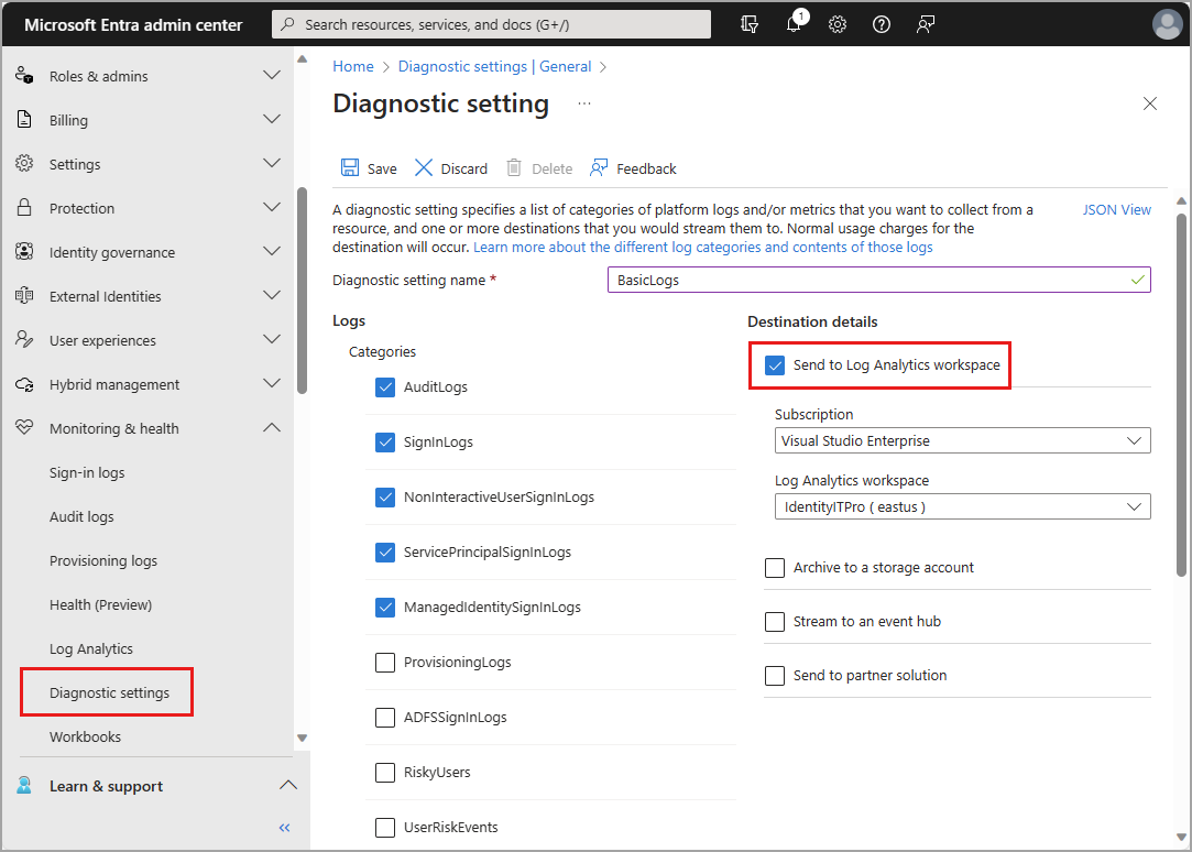 Capture d’écran des paramètres de diagnostic avec des détails de destination affichés.