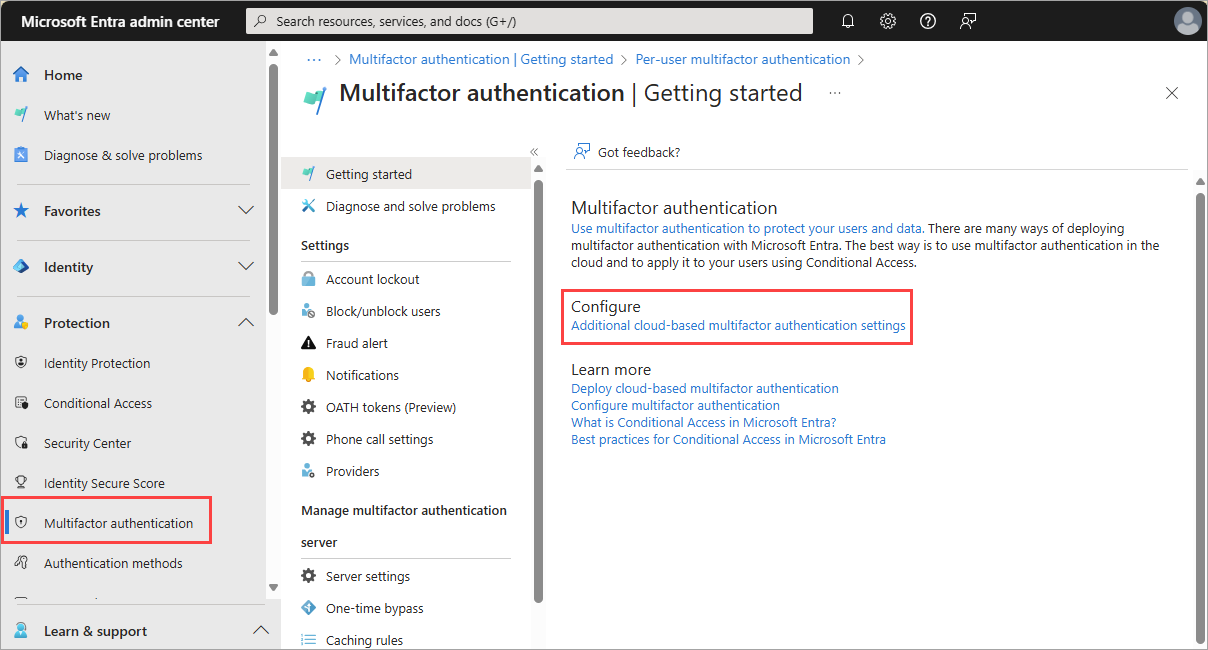 Capture d’écran du lien Paramètres de configuration dans la section Authentification multifacteur Microsoft Entra.