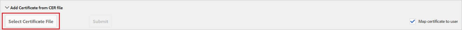 Capture d’écran mettant en évidence le bouton Select Certificate File.