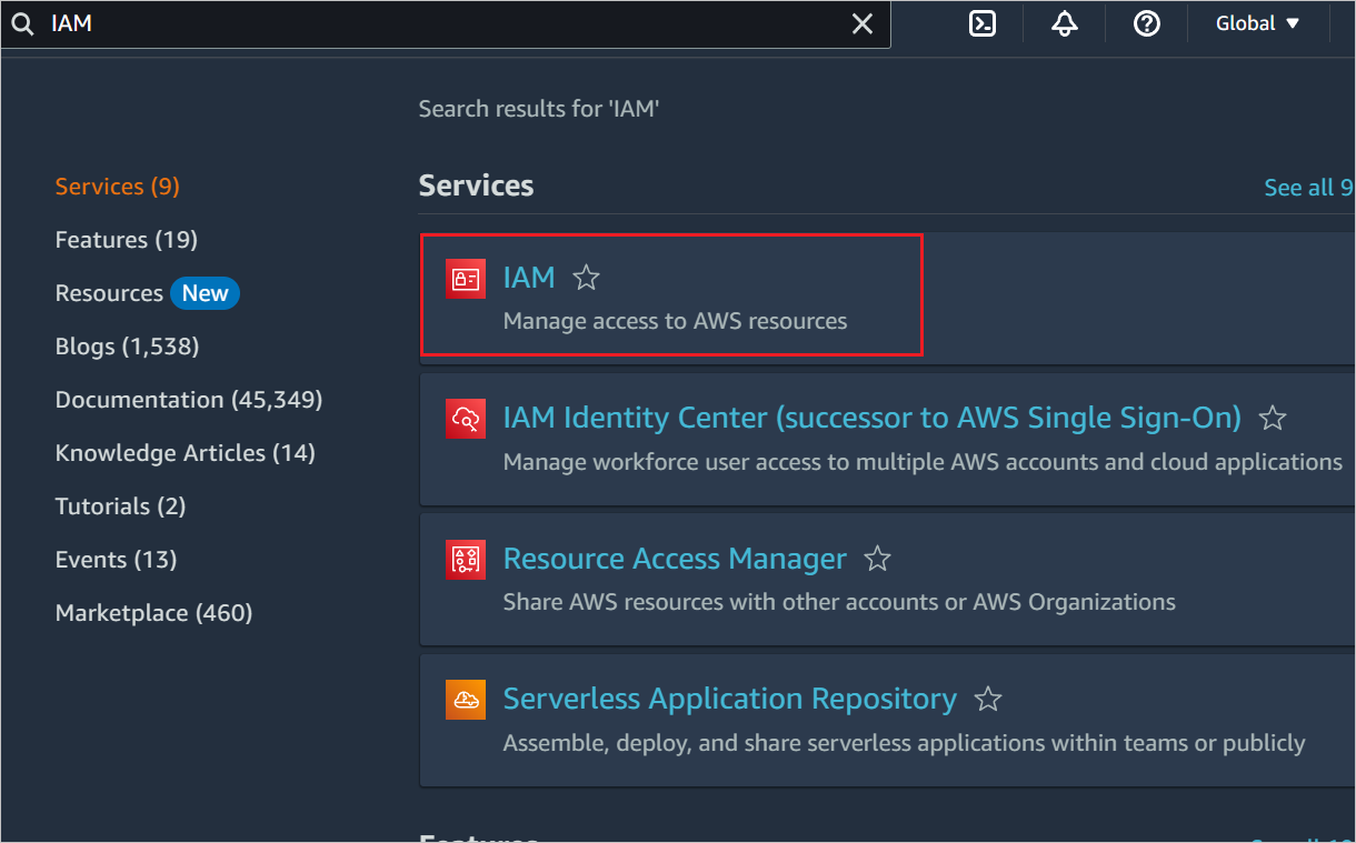 Capture d’écran de la page des services AWS, avec mise en évidence de l’option IAM.