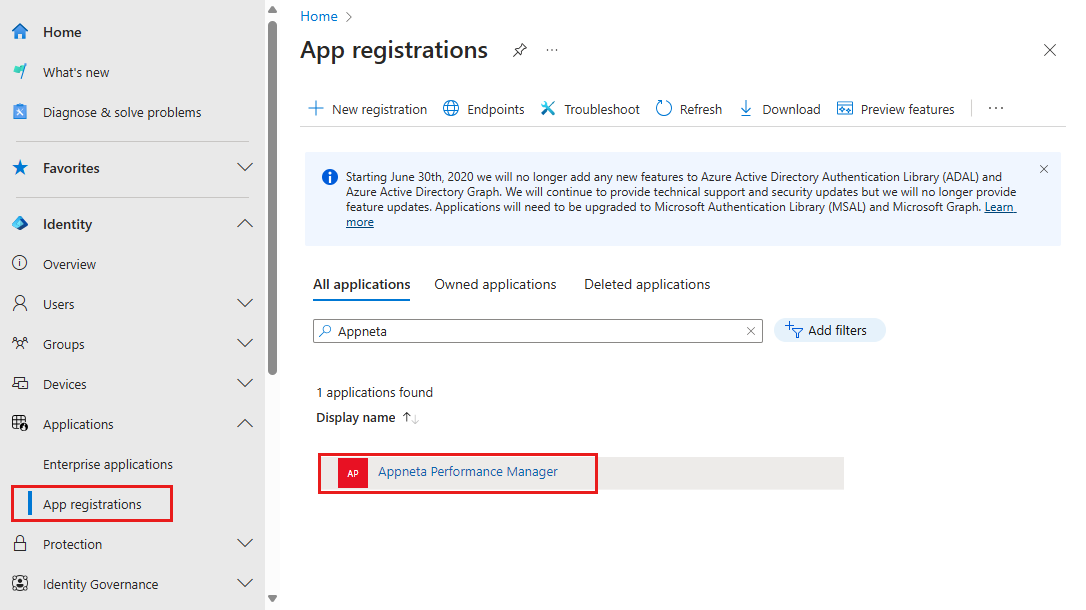 Screenshot that shows the App Registrations with Appneta Performance Manager at the bottom.