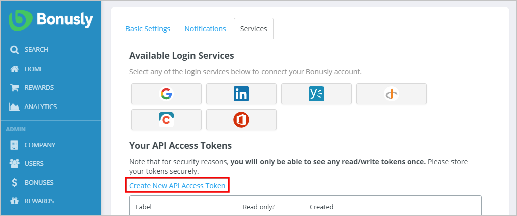 Capture d’écran du site Bonusly. L’onglet Services est ouvert. Sous Your API access tokens (Vos jetons d’accès d’API), Create new API access token (Créer un jeton d’accès d’API) est mis en surbrillance.