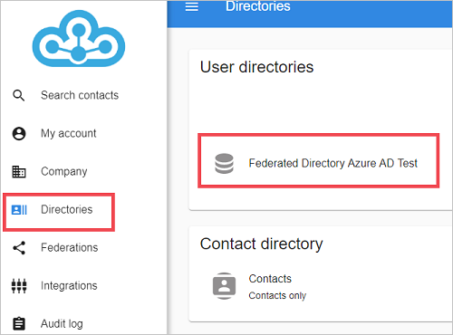 Capture d’écran de la console d’administration de Federated Directory, avec Directories (Annuaires) et Federated Directory Microsoft Entra ID Test (Test Federated Directory – Microsoft Entra ID) mis en évidence.