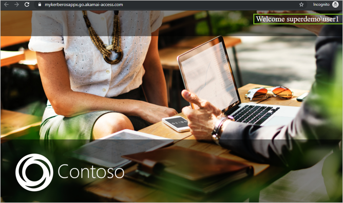 Capture de l’écran de démarrage pour myKerberosApp. Le message « Welcome superdemo\user1 » (Bienvenue superdemo\user1 ) apparaît sur une image d’arrière-plan.
