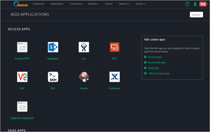 Capture d’écran de l’assistant Ajout d’applications de la console Akamai EAA montrant RDP listé parmi les applications dans la section Applications d’accès.