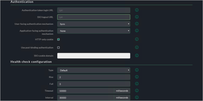 Capture d’écran de l’onglet Advanced Settings (Paramètres avancés) de la console Akamai EAA pour SECRETRDPAPP montrant les paramètres pour Authentication (Authentification) et Health check configuration (Configuration du contrôle d’intégrité).