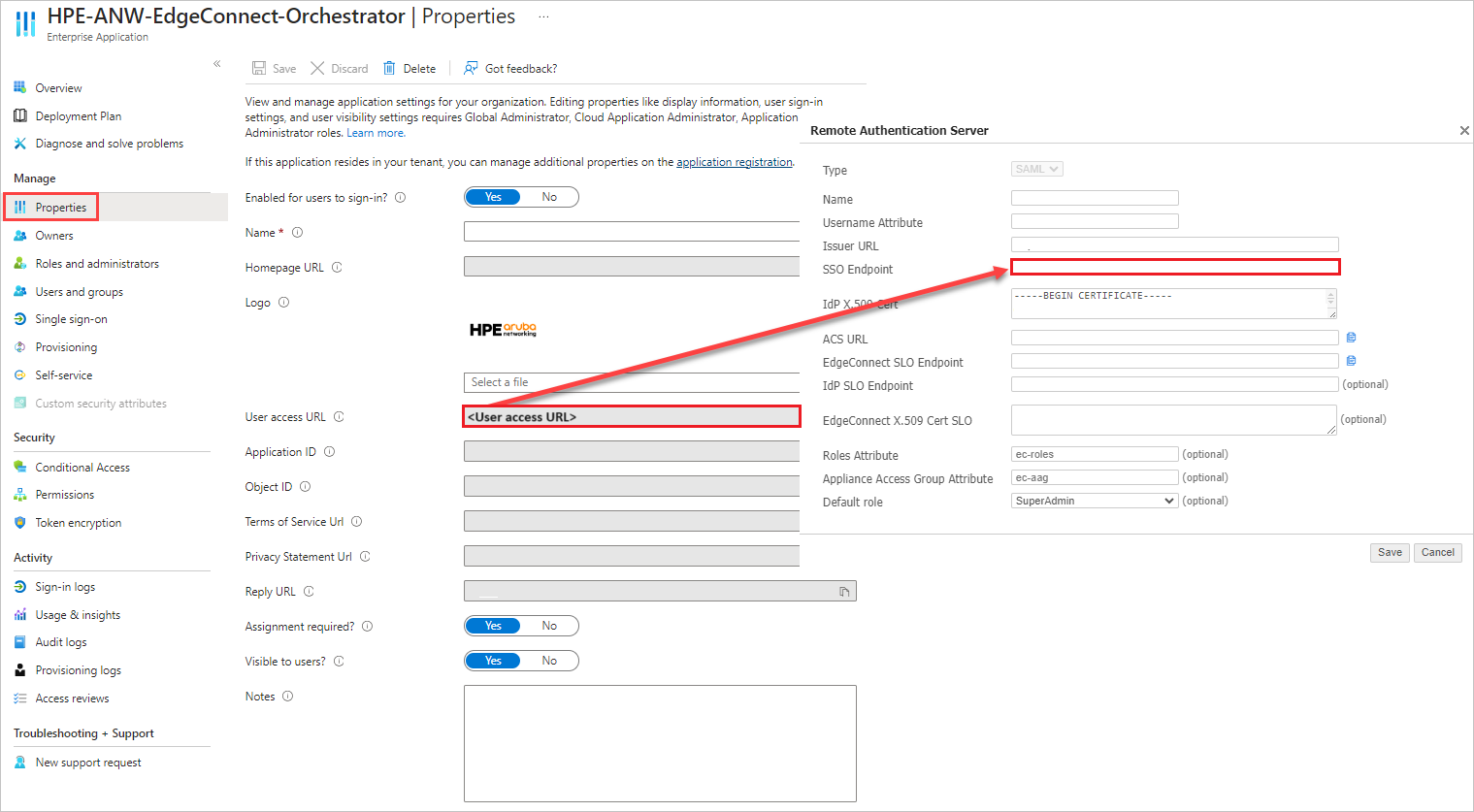 Capture d’écran illustrant comment configurer un Point de terminaison SSO.