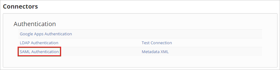 Capture d’écran montrant la section « Authentication » avec l’action « SAML Authentication » sélectionnée.