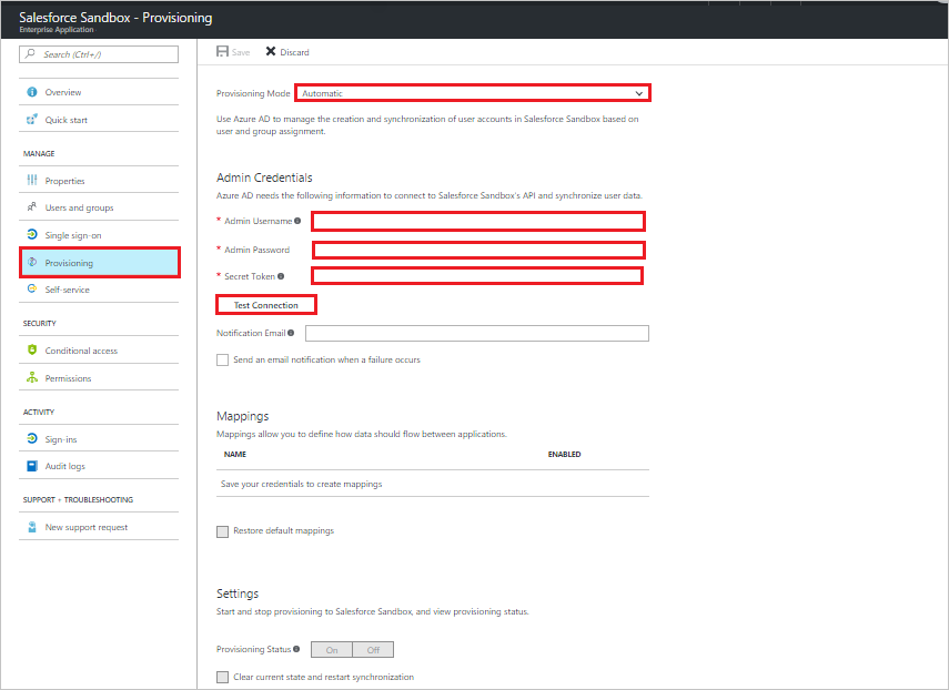 Capture d’écran montrant la page d’approvisionnement de Salesforce Sandbox, avec le Mode d’approvisionnement défini sur Automatique et d’autres valeurs que vous pouvez définir.