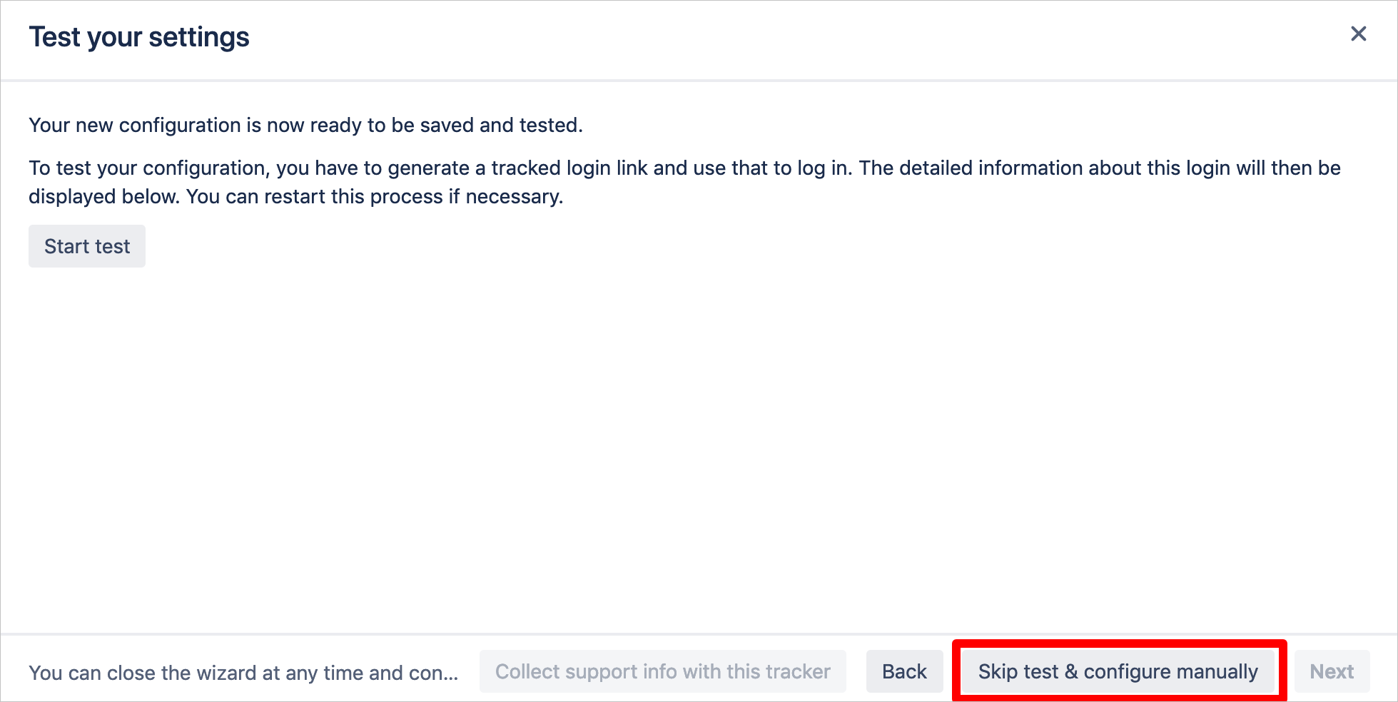 Capture d’écran montrant la page « Test your settings » avec le bouton « Skip test & configure manually » sélectionné