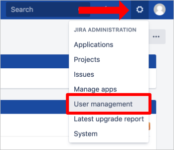 Capture d’écran montrant une flèche pointant sur l’icône en forme de roue dentée avec l’option « User management » sélectionnée dans la liste déroulante